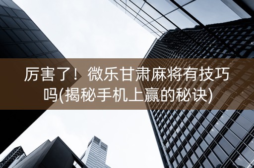 厉害了！微乐甘肃麻将有技巧吗(揭秘手机上赢的秘诀)