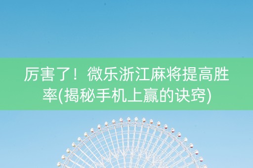 厉害了！微乐浙江麻将提高胜率(揭秘手机上赢的诀窍)